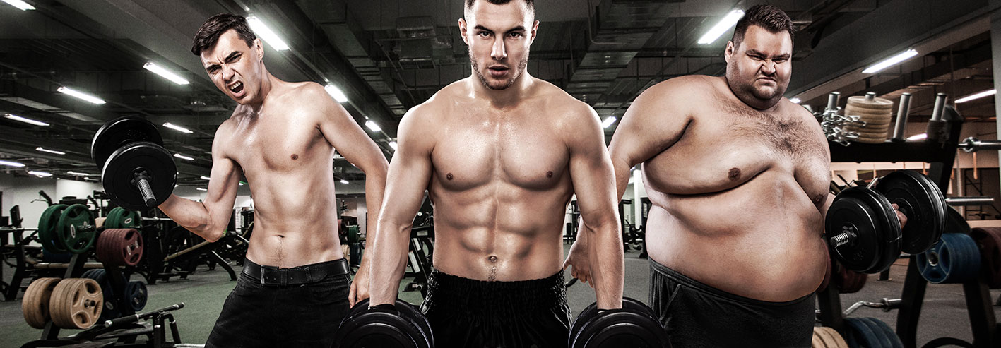 Man with different somatotypes lifting a dumbbell
